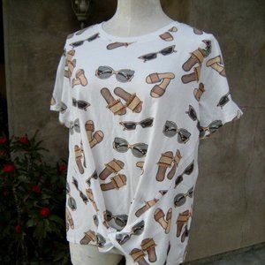 Mesh & Lace XL Resort Wear Gathered Tee Shirt Top - Sunglasses & Sandals Print